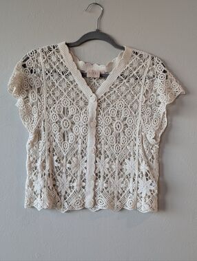 Good Luck Gem Boho Cream Crochet Knit Front Button 100% Cotton Cropped Size M